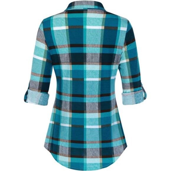 Womens Stretchy Knit Plaid Shirt - Roll Up‎ Long Sleeve Collared Button Down - Picture 3 of 7